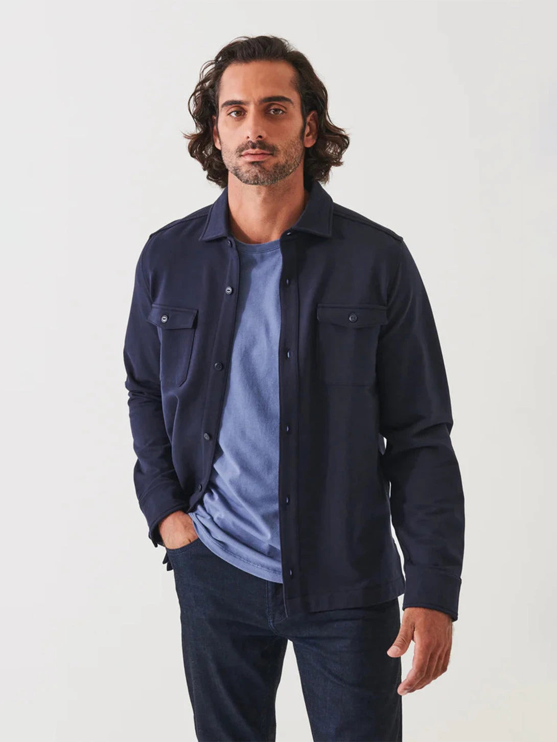 Pima Cotton French Terry Over Shirt - Navy 3 Pima Cotton French Terry Over Shirt - Navy
